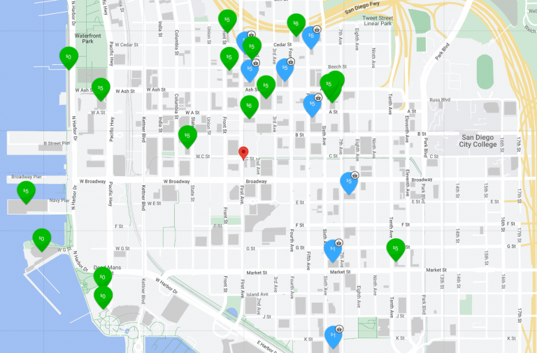 Map showing parking near 1059 First Avenue, San Diego, CA 92101